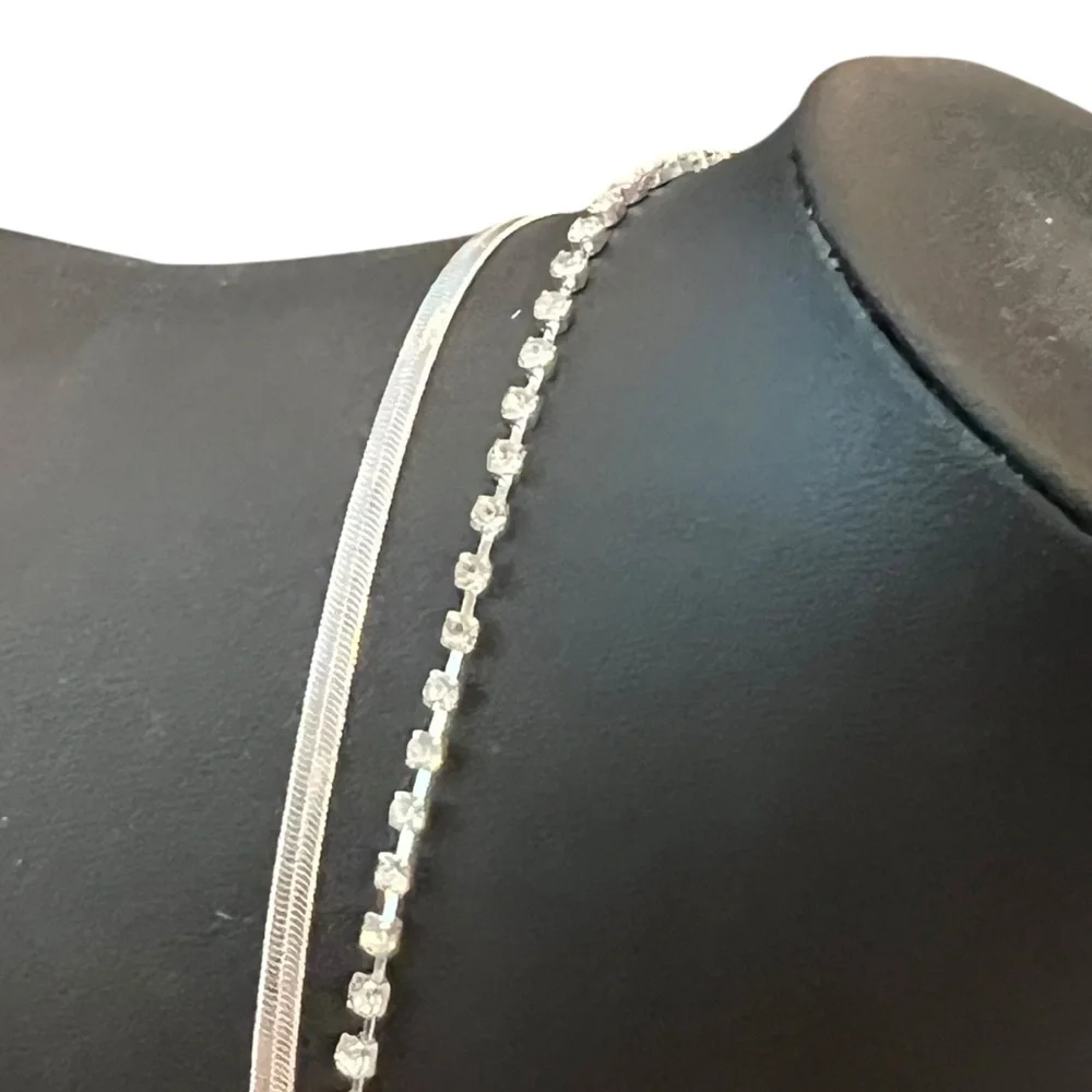 Claire's Silver And Rhinestone Necklaces -2- Snake Style And Square‎ Rhinestones